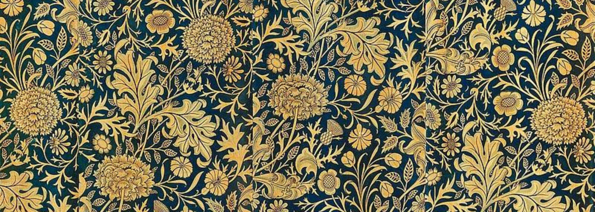 Dark floral wallpaper with gold flowers and leaves on a navy background