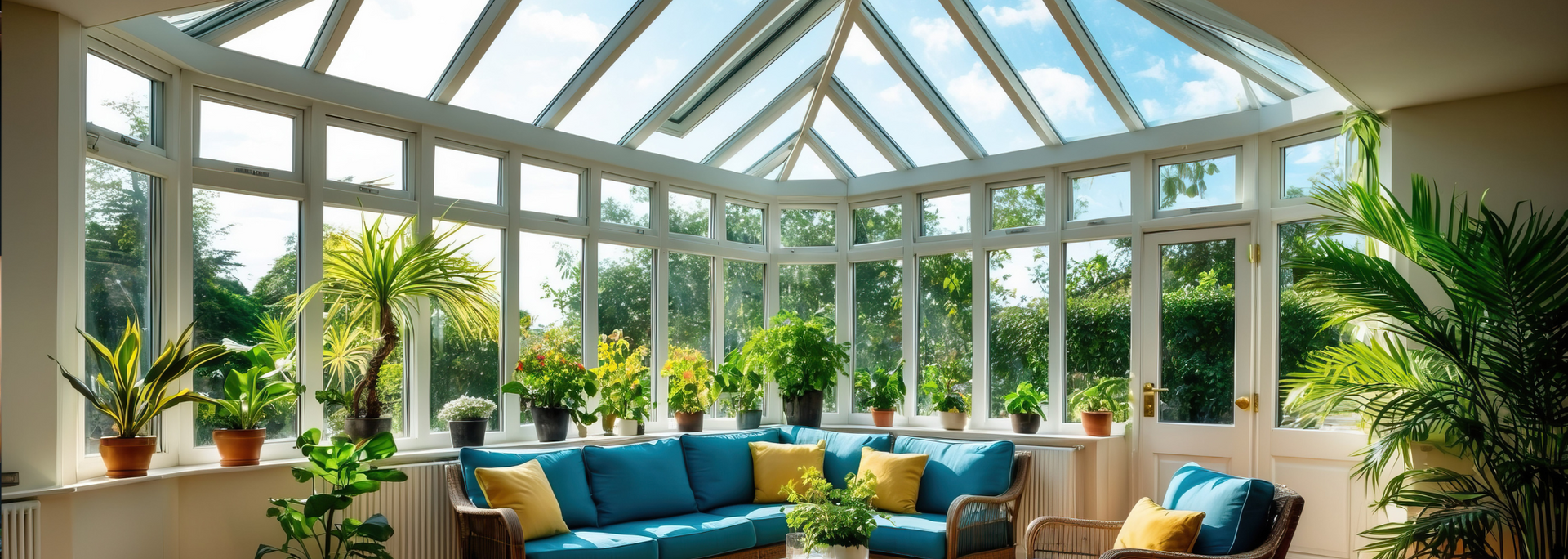 Bright sunroom with glass ceiling, lush plants, and cozy teal-and-tan seating
