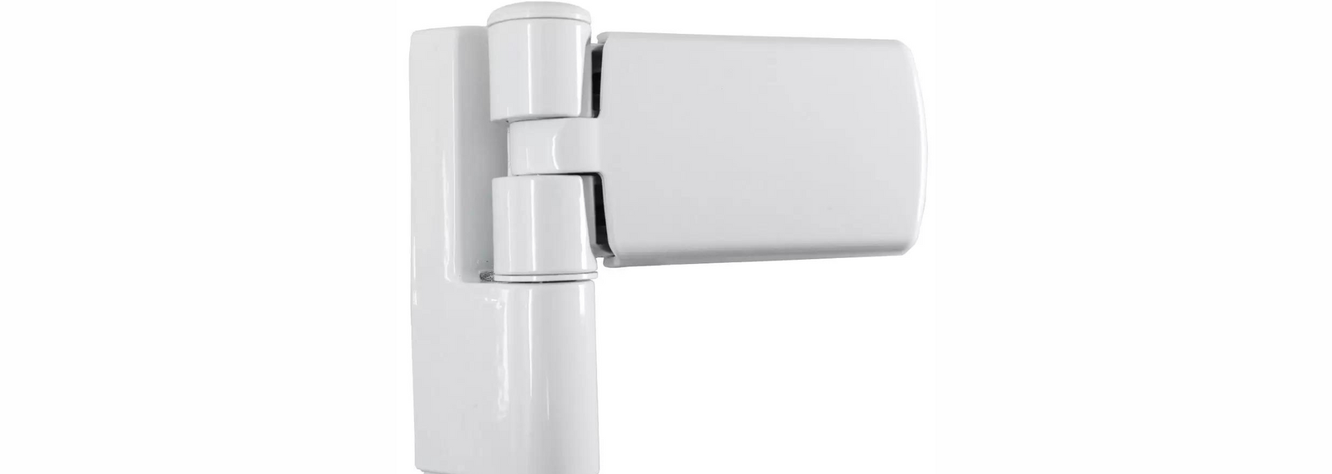Close-up of a white metal door hinge on a plain light background