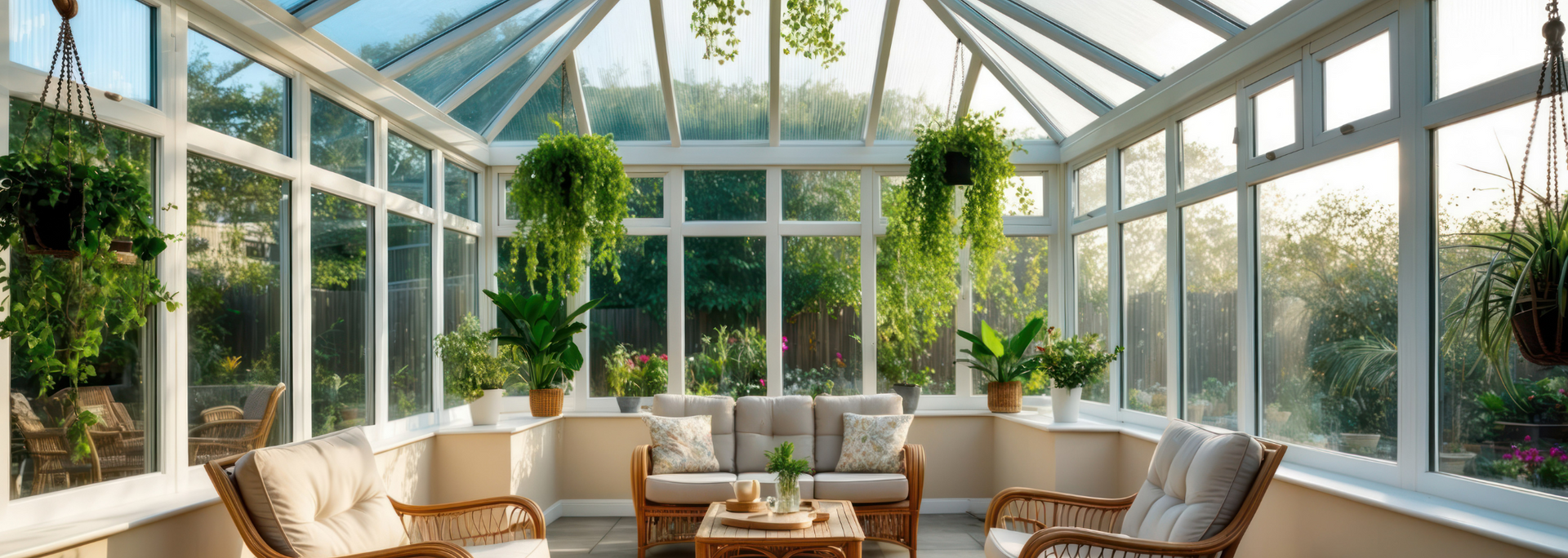Bright sunroom with glass walls, hanging plants, and beige lounge chairs around a low wooden table