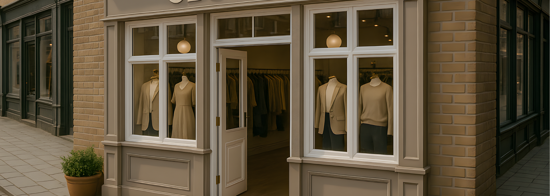 Small storefront window display with mannequins in cream clothing, framed by beige trim and open doors