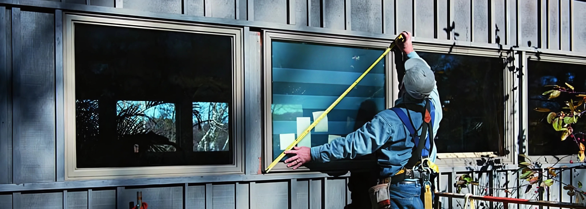 Worker cleaning windows on a building facade with a squeegee and ladder