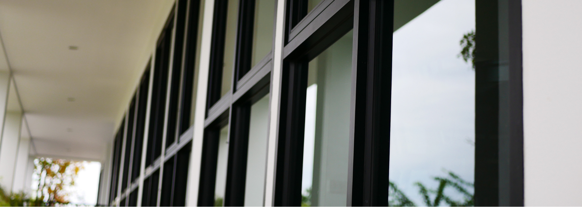 Long corridor with tall black-framed windows and white walls, showing greenery outside