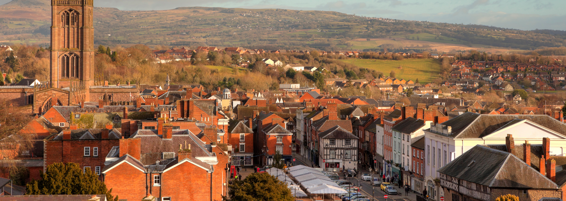 Panoramic view of a red-roofed town with a tall church tower and hills in the background