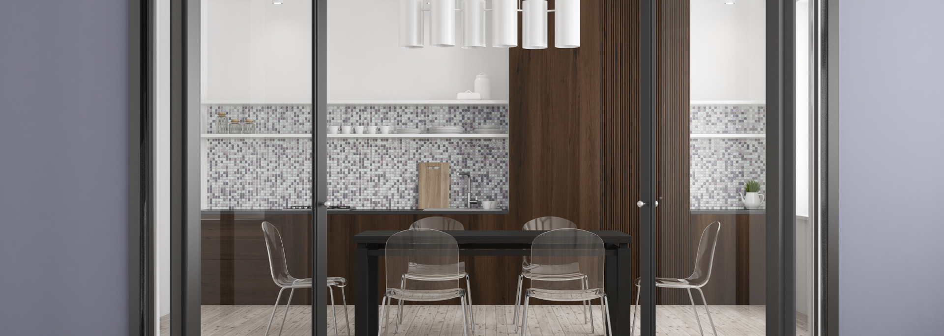Modern dining room with a table, chairs, pendant lights, and patterned wall tiles behind glass doors