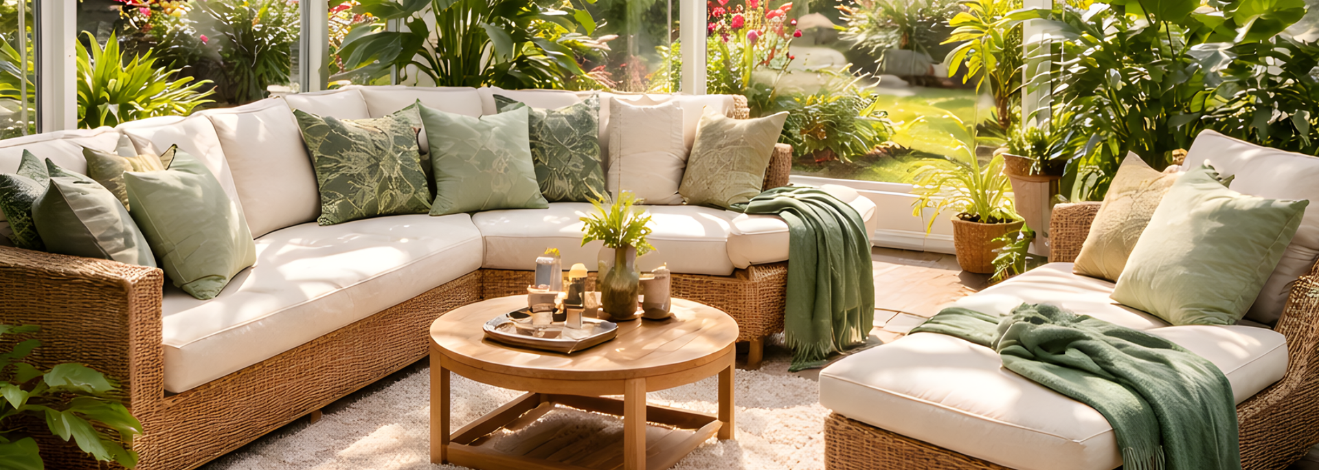 Sunlit patio with beige sectional sofa, wooden coffee table, and potted plants in a lush garden