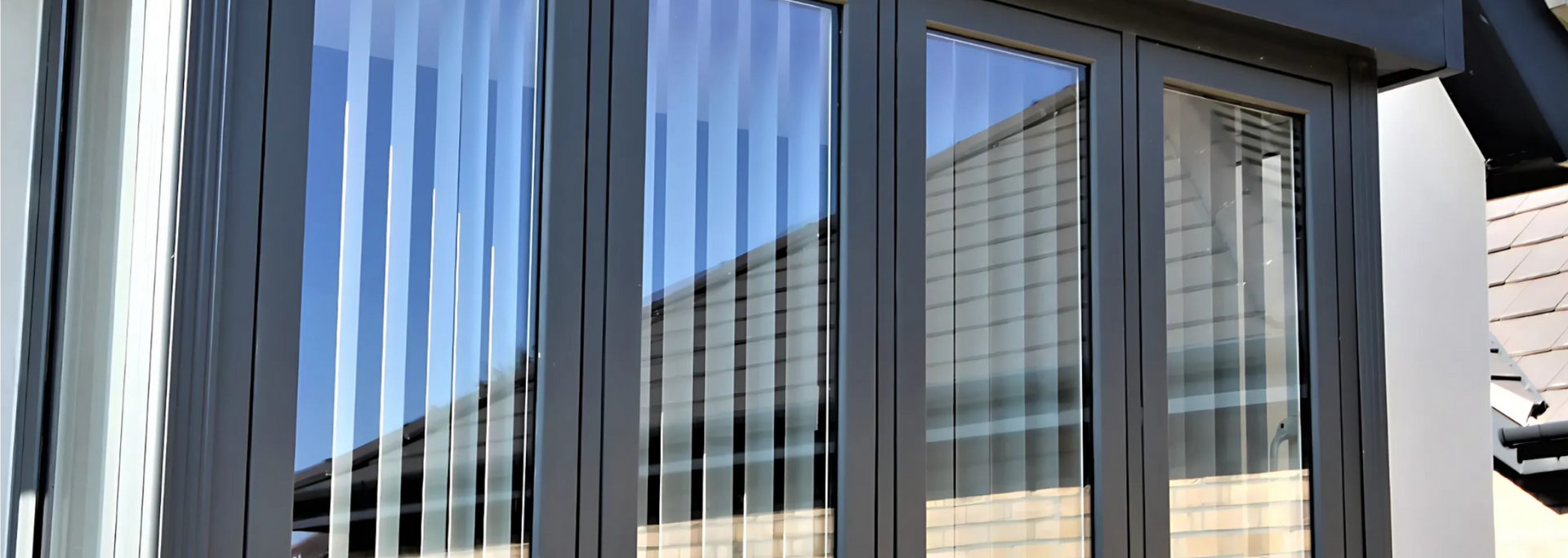 Modern house exterior with tall dark-framed windows and vertical blinds reflecting the sky