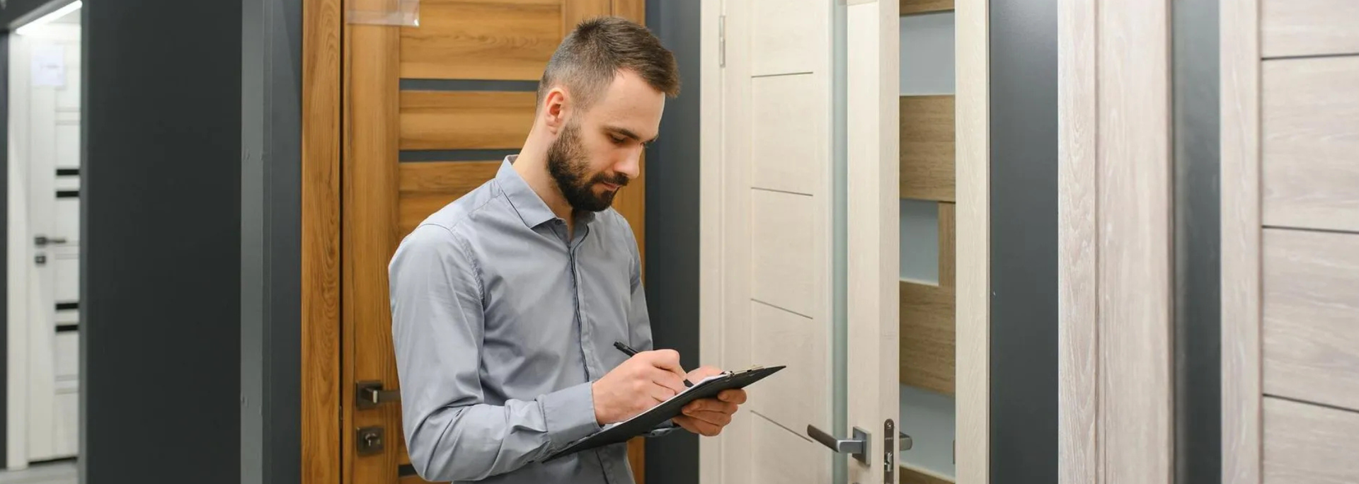 Picture of a man in a door showroom. Picture of a man in a door showroom.