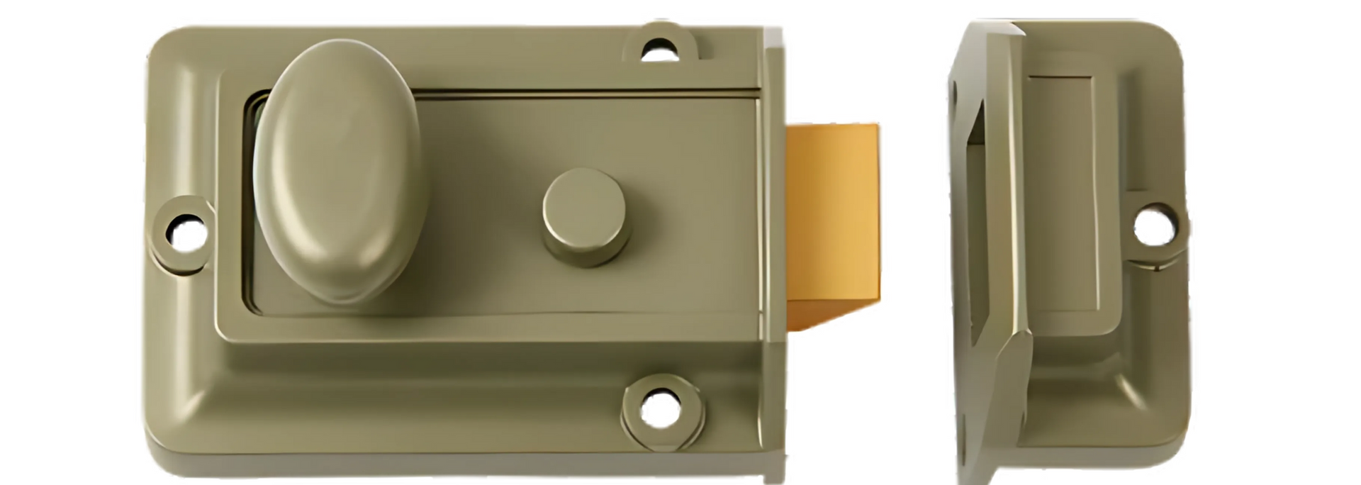 Tan brass deadbolt lock and matching strike plate shown from front and side views