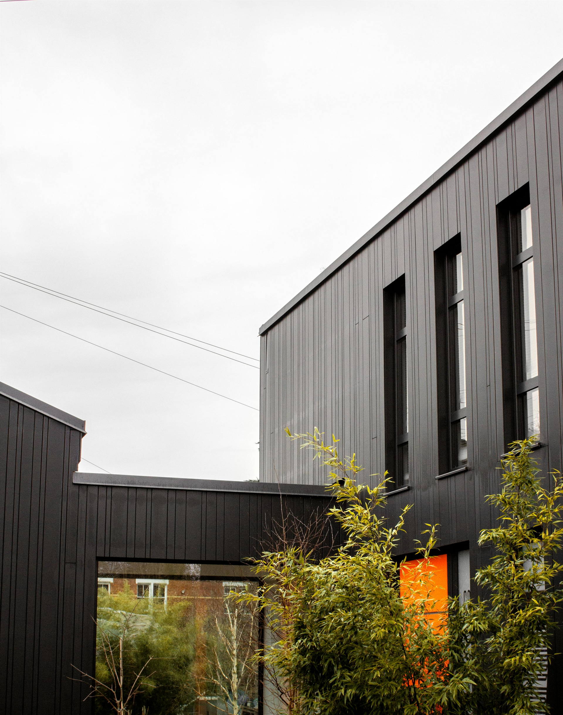 Modern gray buildings with tall windows and a small courtyard garden under an overcast sky