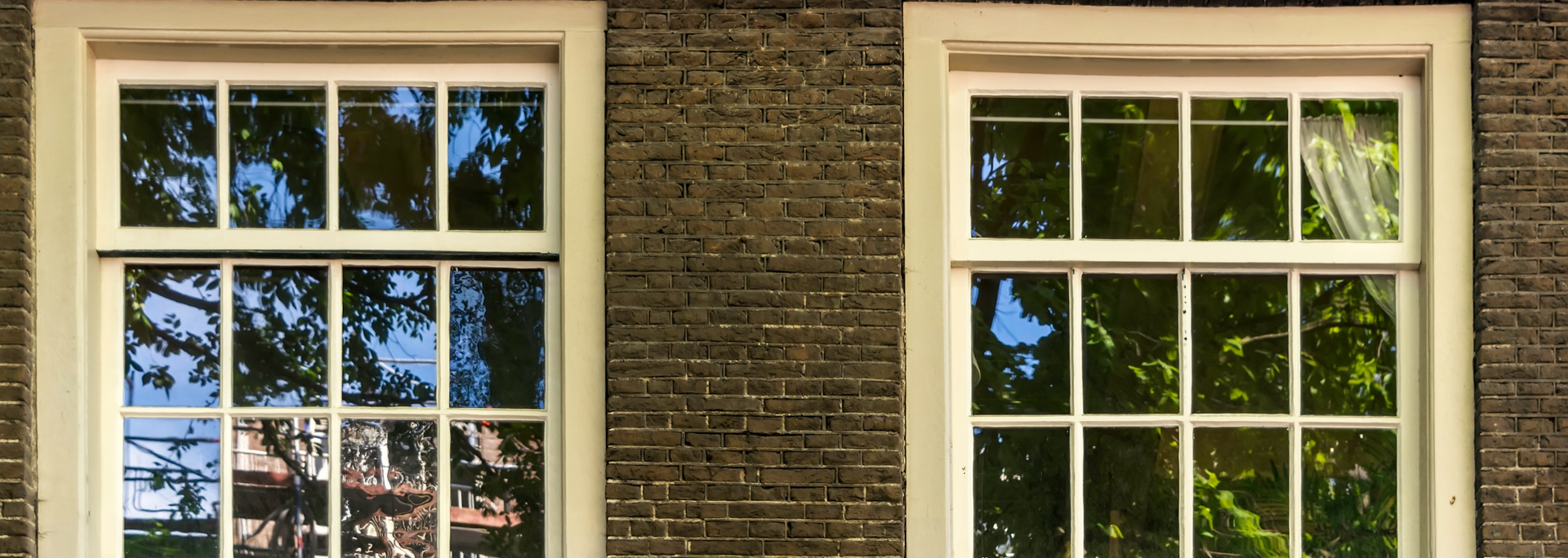 Two white-framed windows in a brick wall with reflections of trees and sky