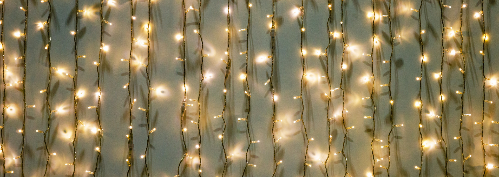 Warm white string lights hanging against a gray wall