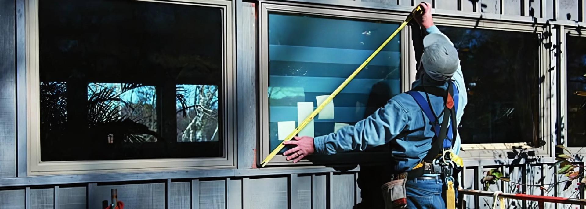 Worker painting a window frame on a house exterior using a roller and extension pole