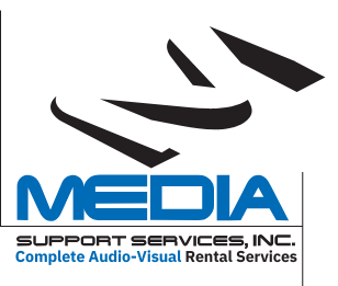 A logo for media support services inc. complete audio visual rental services