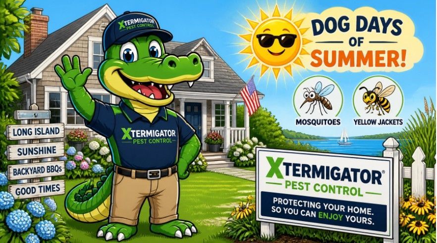 Cartoon alligator mascot for Termigator Pest Control in a sunny yard, with “Dog Days of Summer” and pest icons.