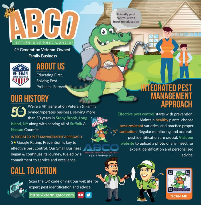 An infographic for ABCO Termite and Pest Control, featuring an alligator mascot, history, and a QR code for expert help.
