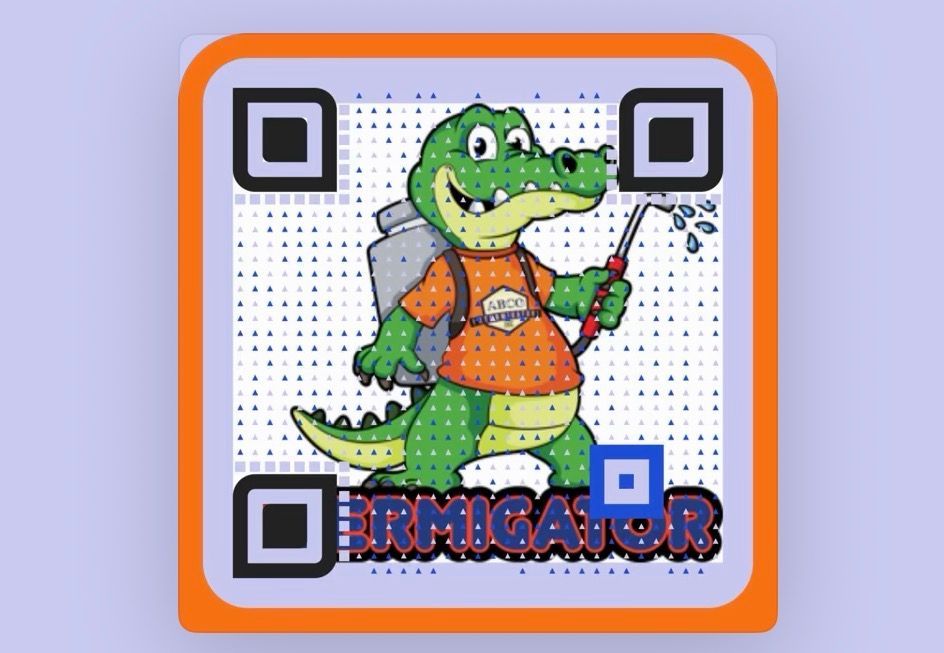 A QR code featuring a cartoon alligator wearing an orange shirt and carrying a pest control sprayer, labeled 