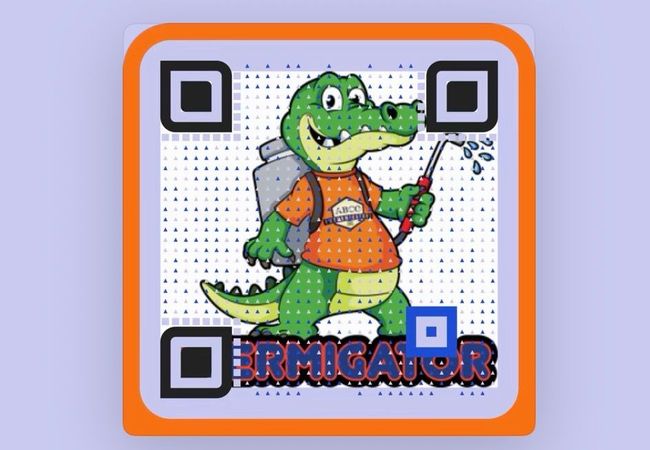 A QR code featuring a cartoon alligator wearing an orange shirt and carrying a pest control sprayer, labeled 