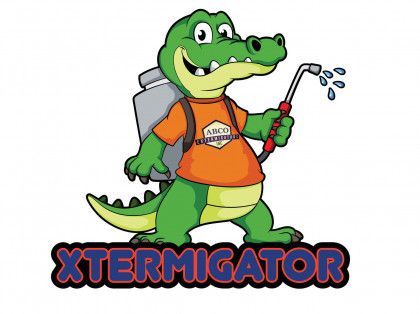 A cartoon alligator is holding a sprayer in his hand.