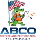 Logo for ABCO Termite and Pest Control featuring a cartoon alligator with a sprayer and US flag, contact 631-979-P-E-S-T.