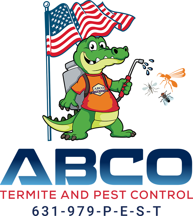Logo for ABCO Termite and Pest Control featuring a cartoon alligator with a sprayer and US flag, contact 631-979-P-E-S-T.