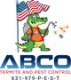 Logo for ABCO Termite and Pest Control featuring a cartoon alligator with a sprayer and US flag, contact 631-979-P-E-S-T.