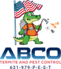 Logo for ABCO Termite and Pest Control featuring a cartoon alligator with a sprayer and US flag, contact 631-979-P-E-S-T.