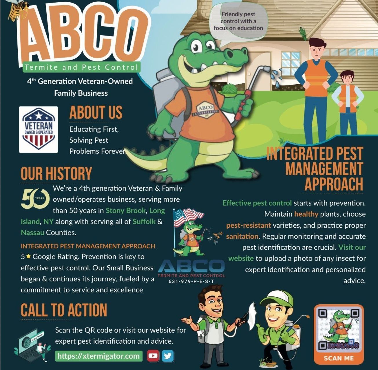 Infographic for ABCO Pest Control featuring an alligator mascot, history, services, and a website QR code.