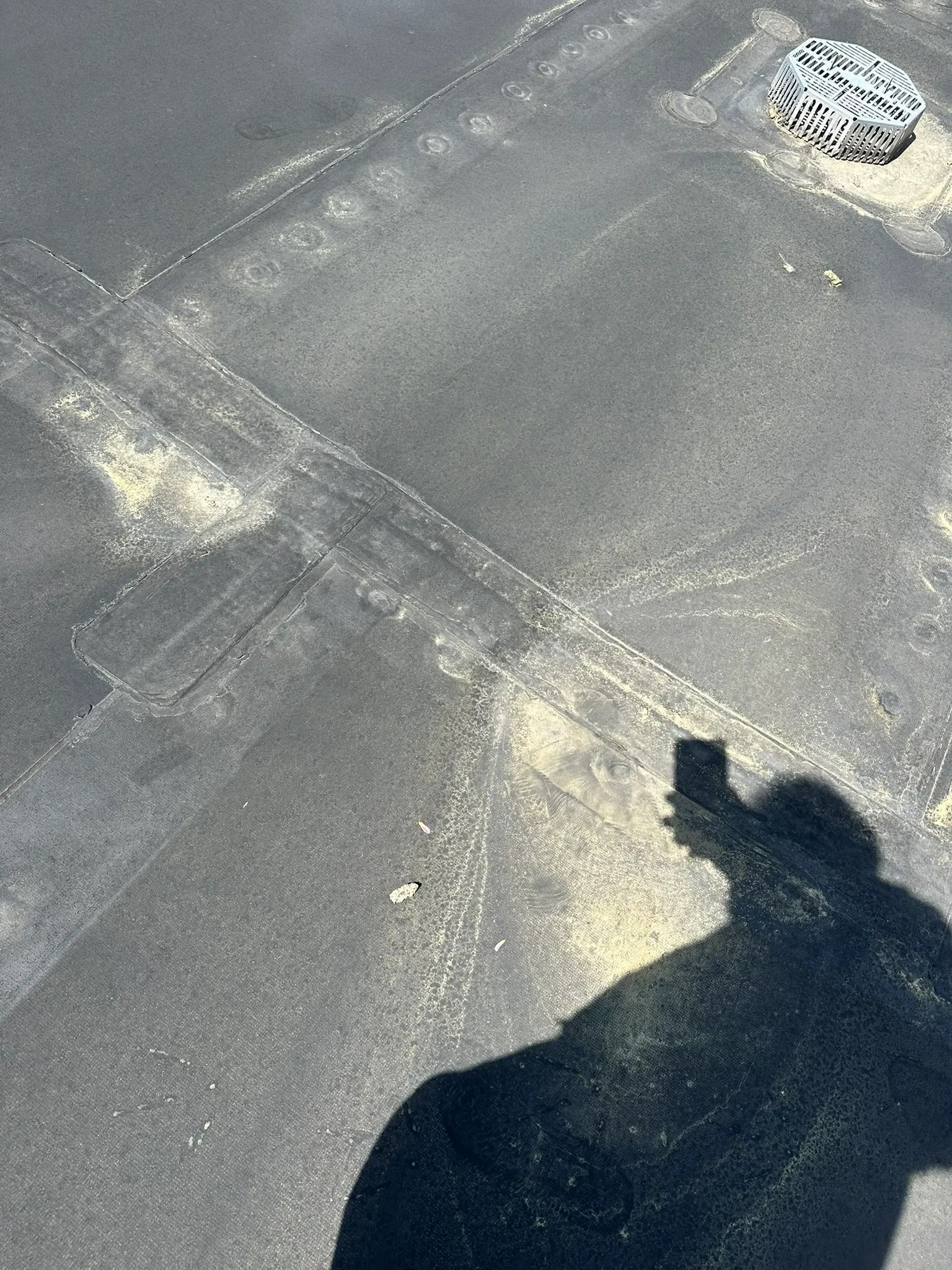 Shadow of a person on cracked asphalt beside a small white rock or debris chunk