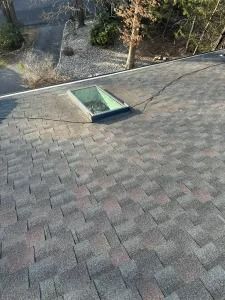 Roof shingles with a small green skylight on a sloped rooftop near trees and a driveway