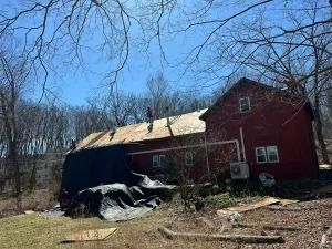 Red barn with a damaged roof beside leafless trees on a sunny day