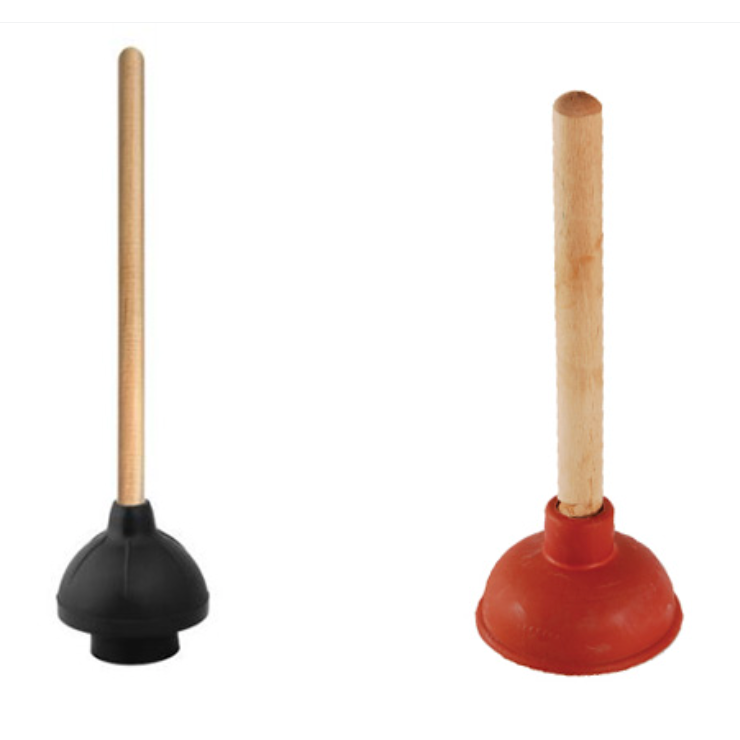 Two different types of plungers, one for drain and another for a tiolet.