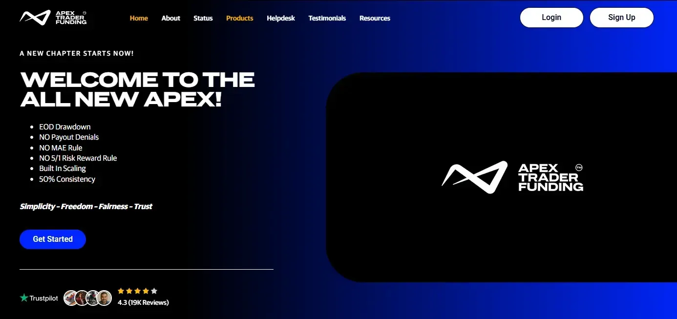 apex trader funding home page after the update