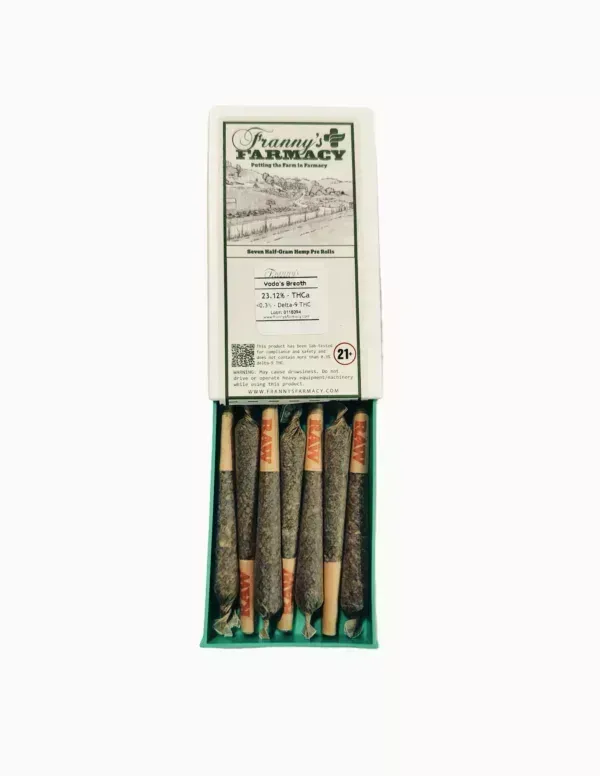 Box of pre-rolled thca joints with the brand name Franny's Farmacy on the packaging