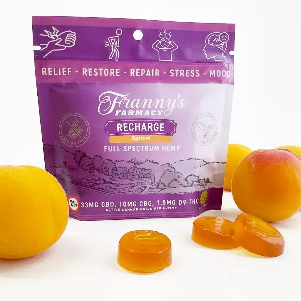 A bag of Franny's Farmacy Recharge Apricot full spectrum hemp CBD gummies