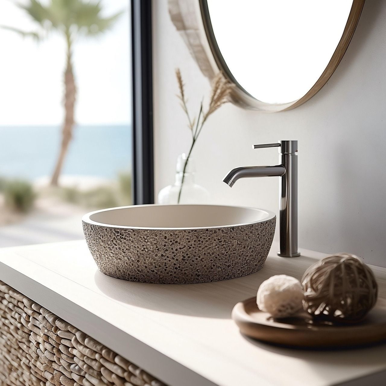 Modern and clean white double vanity with white cabinets, gold handles, and aged bronze fixtures.