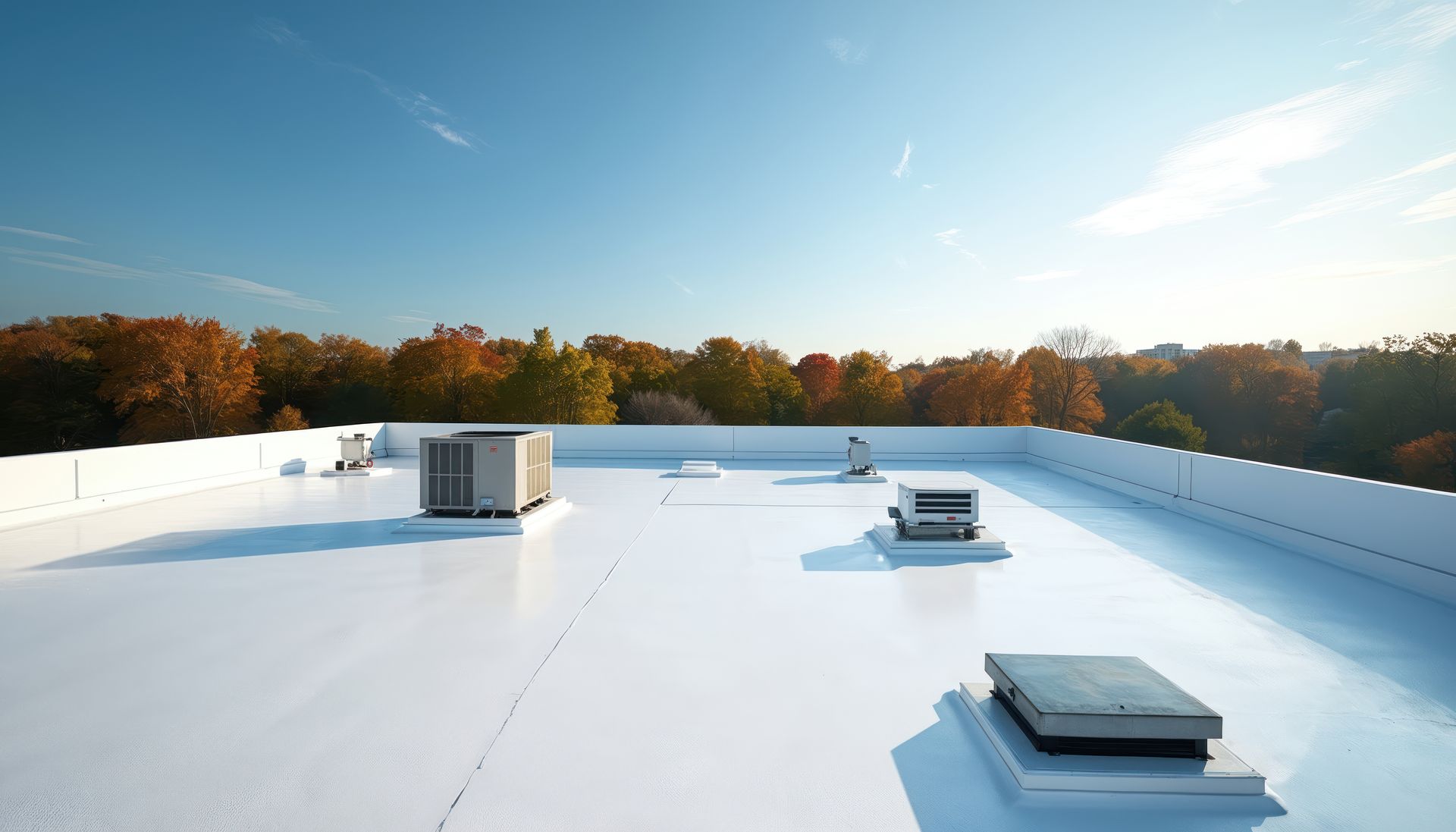 Flat commercial roof with HVAC units under a clear sky.