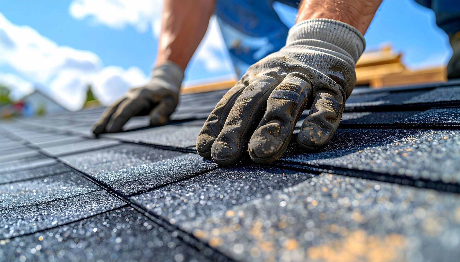 Loved hands installing asphalt shingles on a roof under clear blue sky Gloved hands installing dark asphalt roof shingles on a sunny rooftop