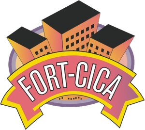 Fort-Cica Roofing & General Contractors, Inc. Fort-Cica logo with stylized buildings and pink banner on a white background