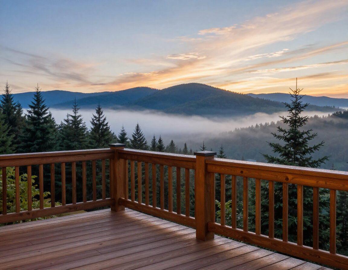 Wooden deck overlooking foggy mountains at sunrise, with evergreen trees and a pastel sky.