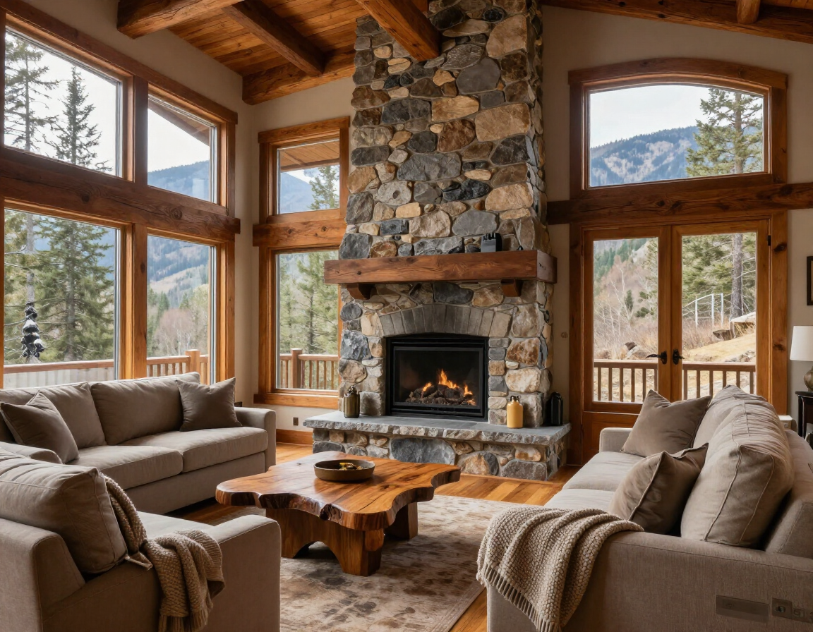 Cozy mountain lodge living room with stone fireplace, large windows, and rustic wood furnishings