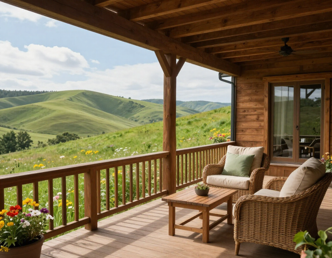 Wooden cabin porch with wicker chairs overlooking green rolling hills and a sunny landscape