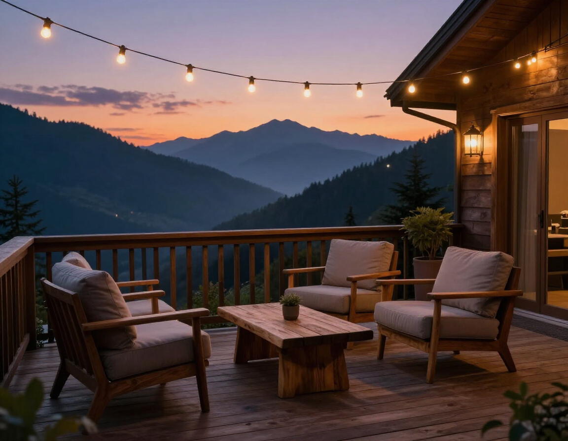 Cozy mountain deck at dusk with string lights, wicker chairs, and a fire pit overlooking layered peaks