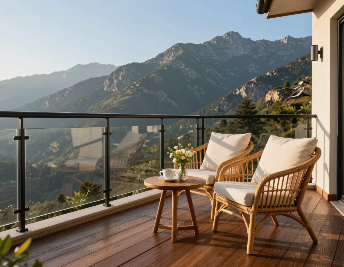 Balcony with wicker chairs and table overlooking misty mountain landscape at sunrise
