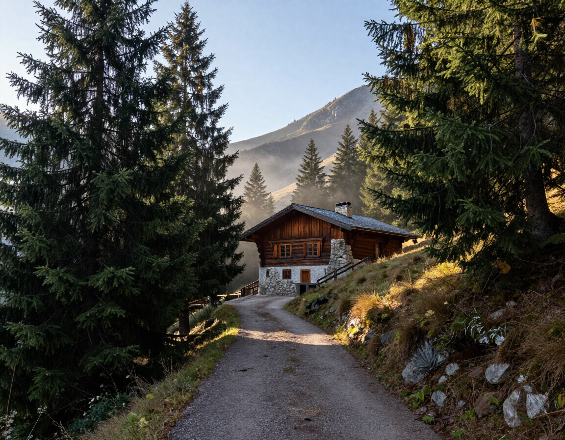 Mountain cabin on a forest path, framed by tall evergreen trees in soft morning light.
