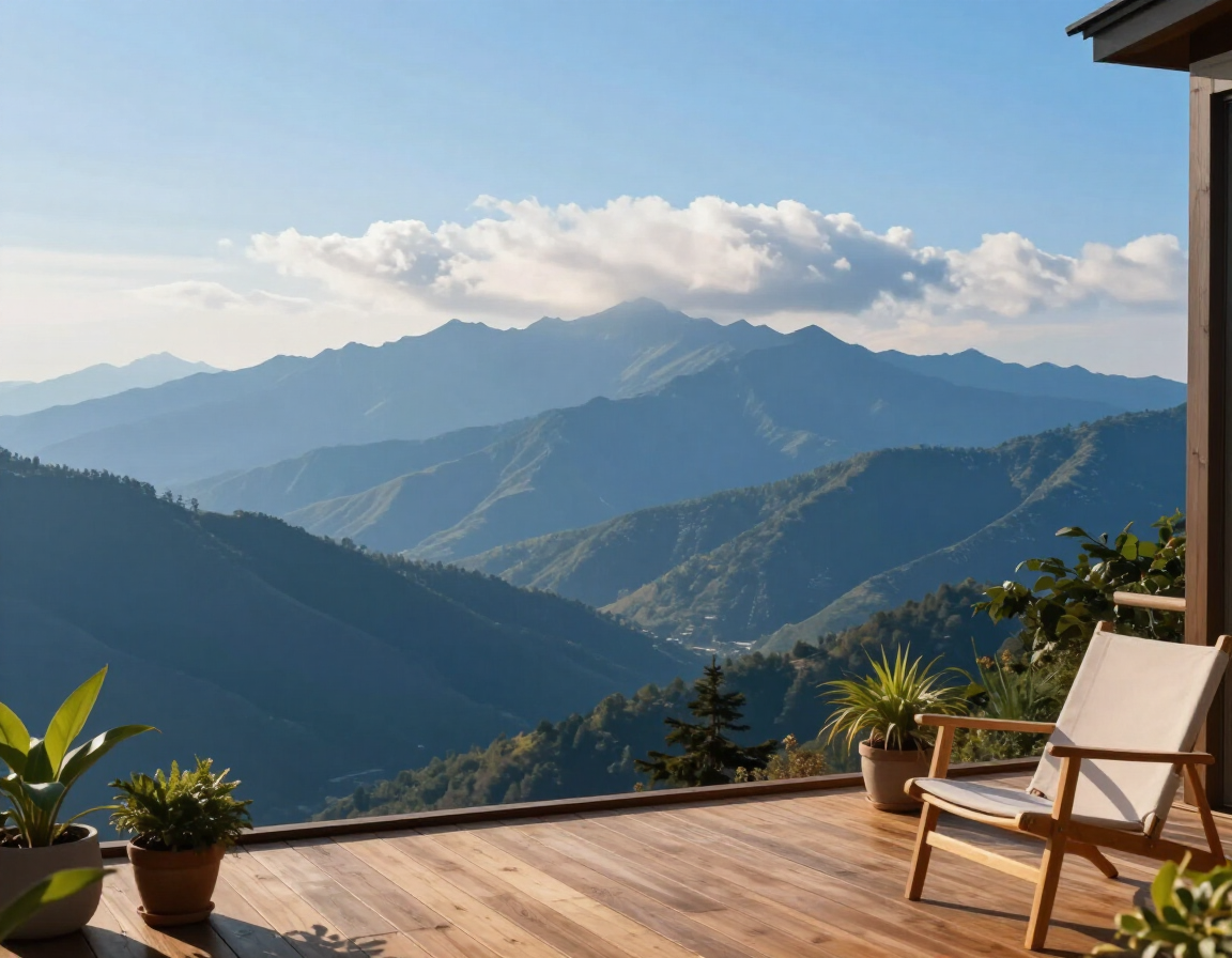 Wooden deck with chair overlooking layered blue mountains under a partly cloudy sky