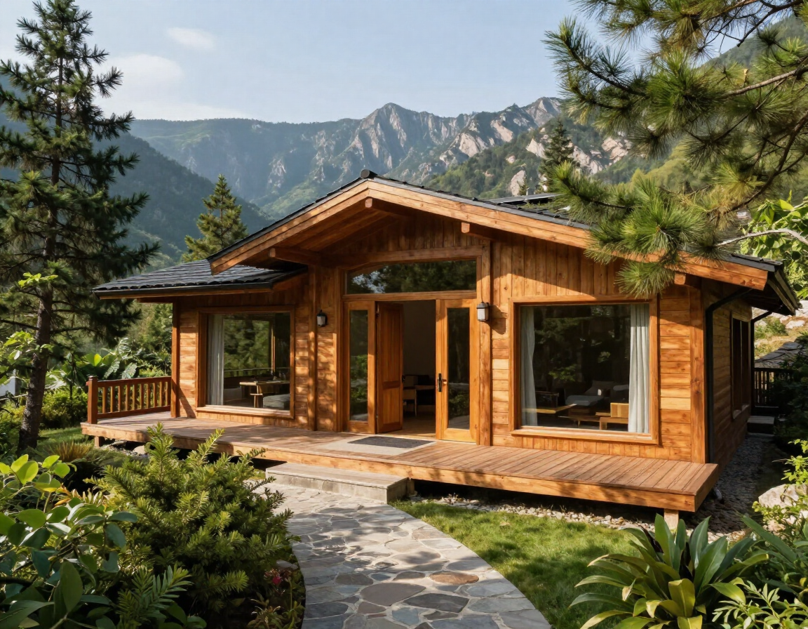 Wooden mountain cabin with a stone path, surrounded by pine trees and large windows