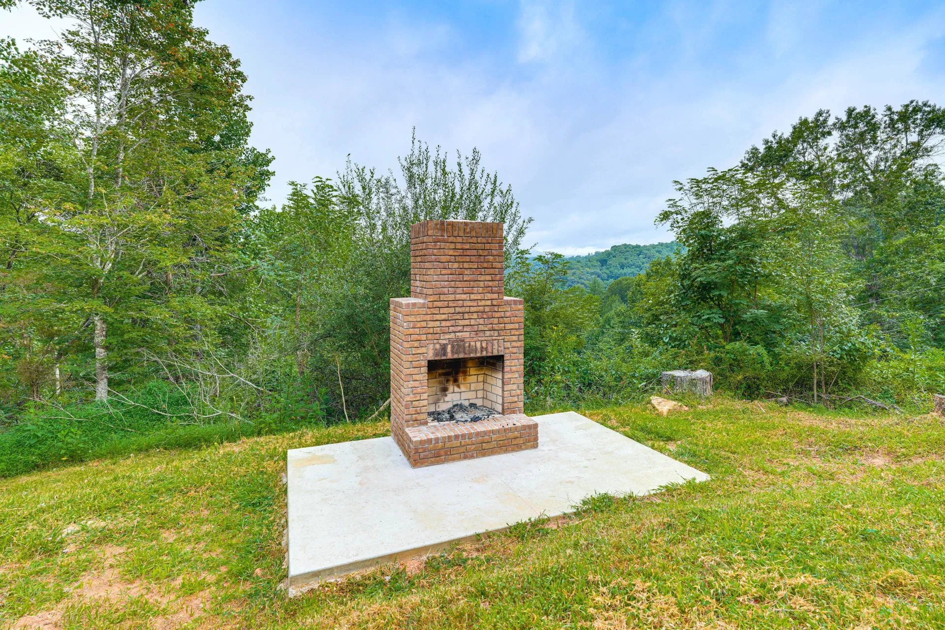 Brick outdoor fireplace on a concrete pad in a grassy, tree-lined yard