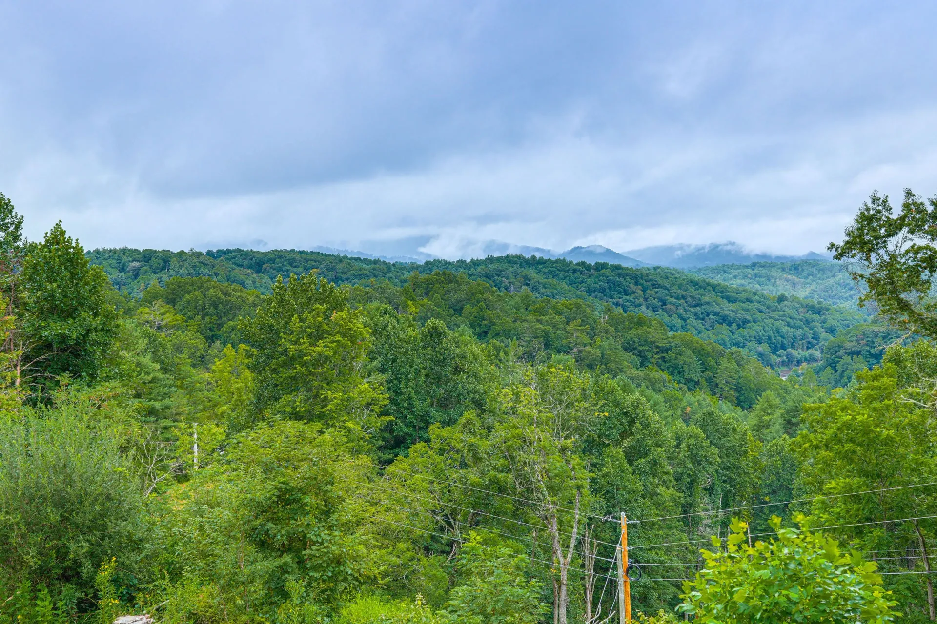 Lush green forested hills under a cloudy sky, with distant blue mountains.