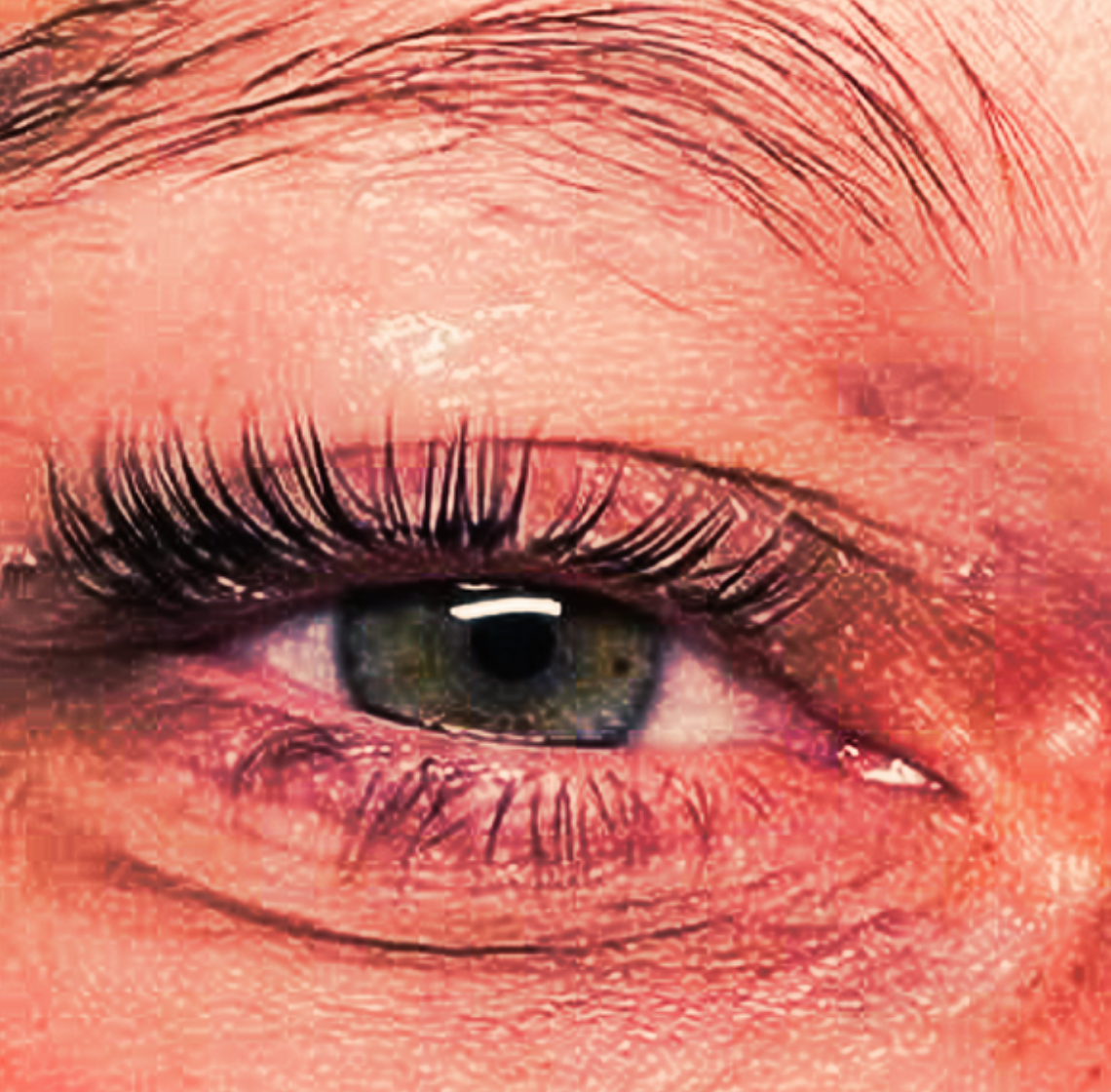 Close-up of a blue-gray eye with long eyelashes